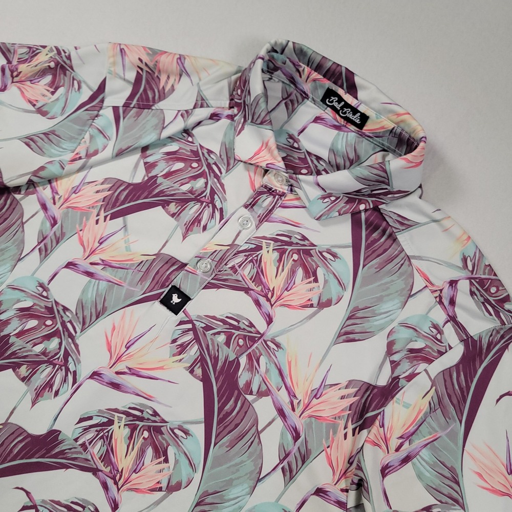 Bad Birdie Palmilla Beach Golf Polo Mens Large White Floral Tropical Performance